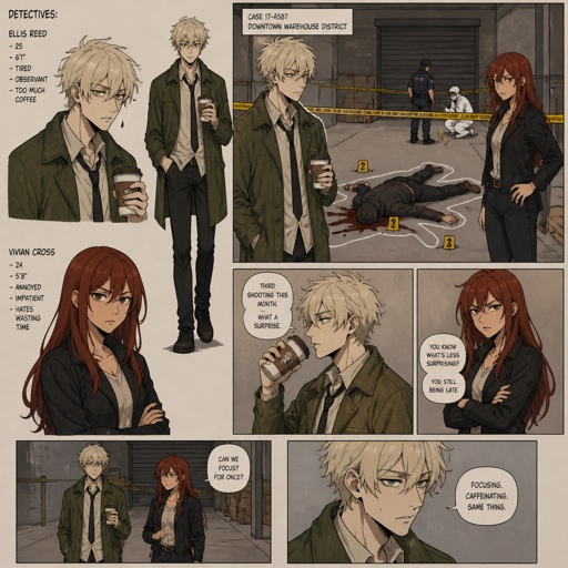 Anime style Male great detective takes his job real seriously really good at it mid 20s medium really crazy light blonde hair, tall thin, tied, clean shaven, strange green eyes wearing baggy loose mossy green jacket tired face,has coffee and sometimes smokes, partner long red hair brown eyes looking annoyed and concerned for him, trying take case seriously,crime scene person unknown, detective will do whatever he can, parent and him get into arguments usually partner will say "you really need some rest you can barely stand and your speaking trails off, how do you expect to finish this case with the little sleep and food you get" detective reply" all I need is some coffee, I can survive I don't plan on resting till I get to the bottom of this, worrying never helps"as he yawns, partners says back "ugh! your really stubborn, looks like I'm going to have to catch you again when you pass out"as a comic 