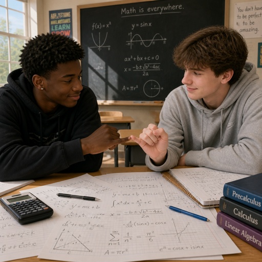 A in a math classroom and one of them has a black hand and one of them has a white hand. The pinkies almost touched on the maths tabke 
