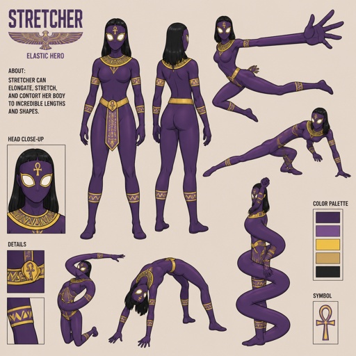 Female superhero with elastic powers, costume is Egyptian inspired, full face mask hair showing, purple color palette, multiple of the same character