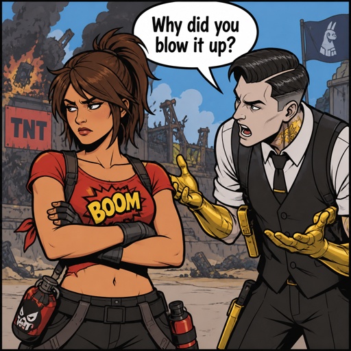 TNTina from Fortnite brown hair arms crossed annoyed face, Midas from Fortnite yelling at her, why did you blow it up
