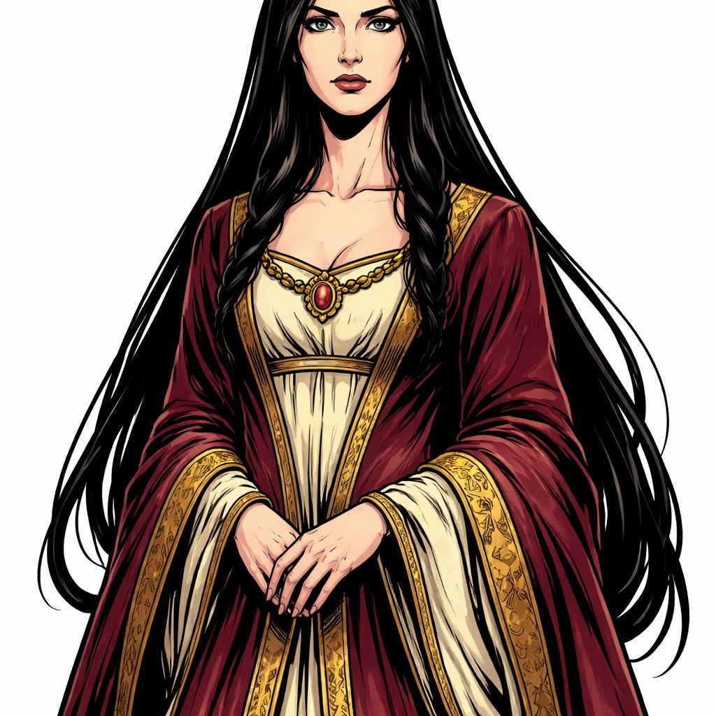 a slim serious tall modest woman with long black hair in renaissance robe full head shot.