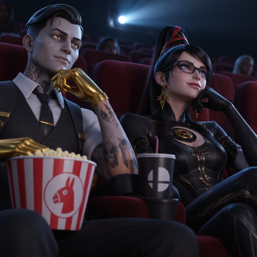 Midas from Fortnite and Bayonetta from super smash bros in a movie theater 
