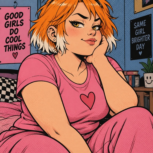 Female, teen, short orange hair white tips, slightly chubby, yellow eyes, wears pink, sassy