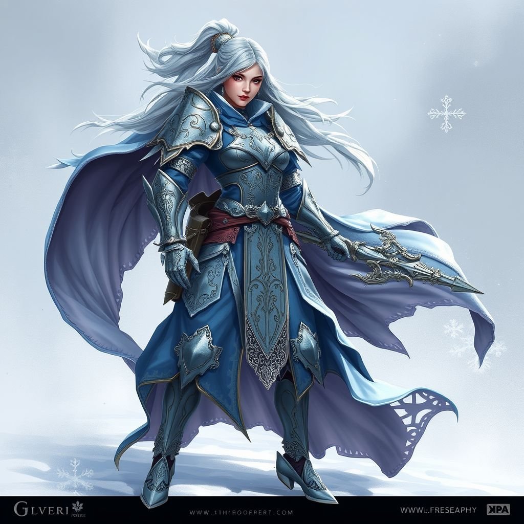 Create a battle woman hero called Alvara the Frostheart. Show full body head to toe including shoes 