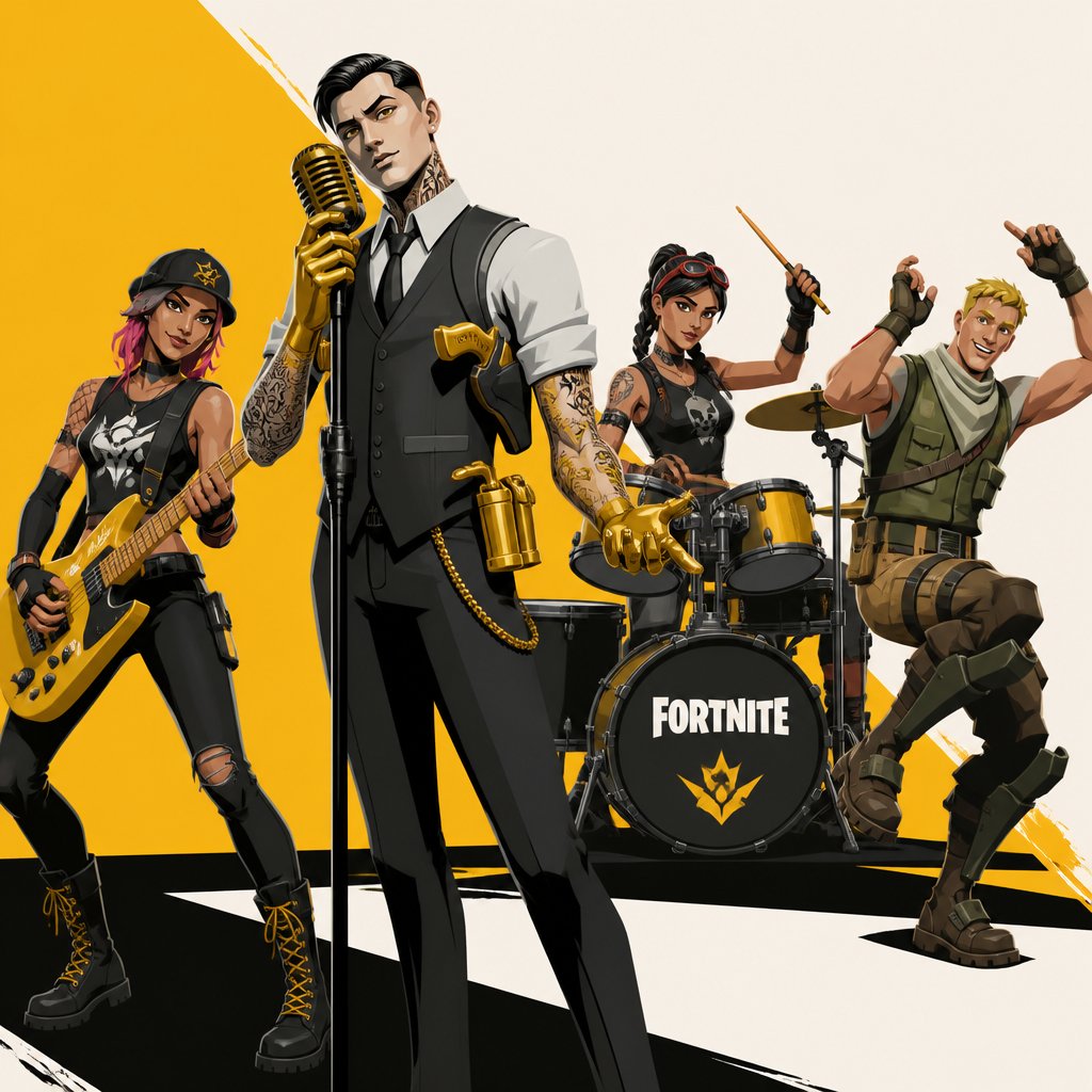 Midas from Fortnite really singing on a microphone while jules from Fortnite is playing drums and hope from Fortnite playing the guitar and Jonesy from Fortnite dancing