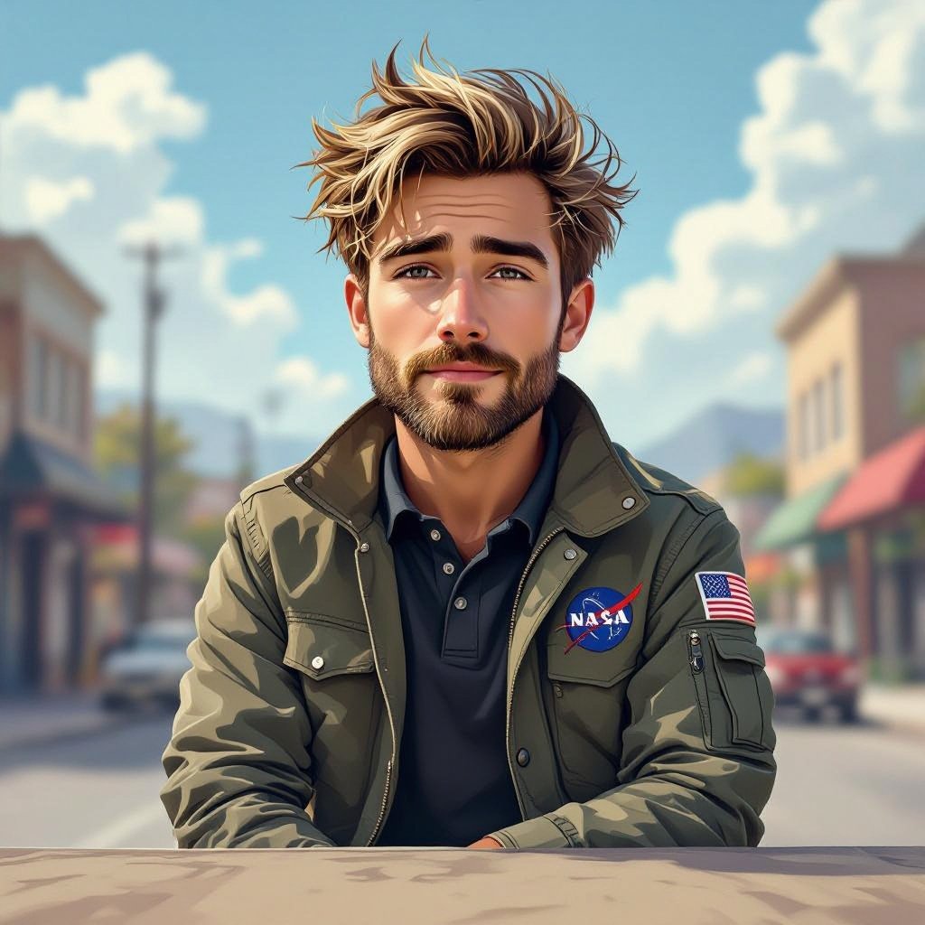 man with Dirty Blonde Unkempt Hair and Goatee. Astronaut Flight Jacket Black And White Polo and Light blue denim jeans with red sneakers