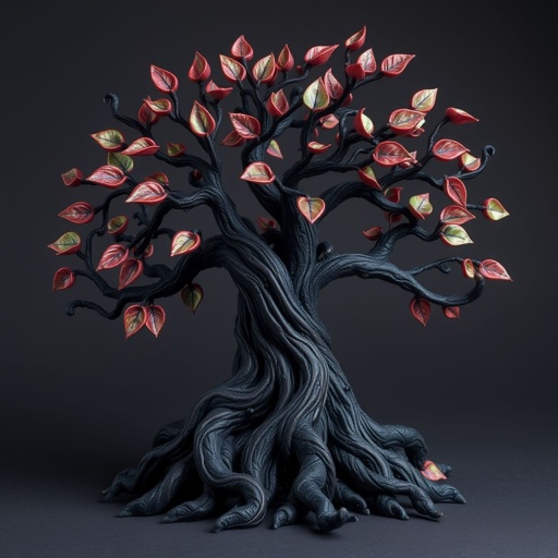 Give me a image of a fantasy dark magic tree, with roots in the bottom