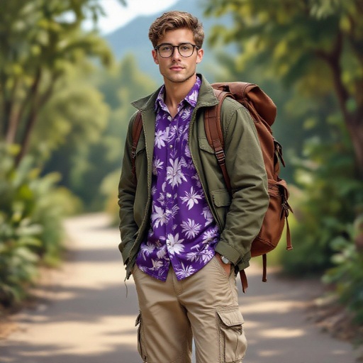 A 19 Year Old man in a Purple Hawaiian Button Up and Beige Cargo Pants. Short Light Brown Hair Glasses and Army Green Jacket and Brown Hiking Boots and a Brown Leather Saddleback Hiking Backpack, Standing in a Outdoor Walking Path

