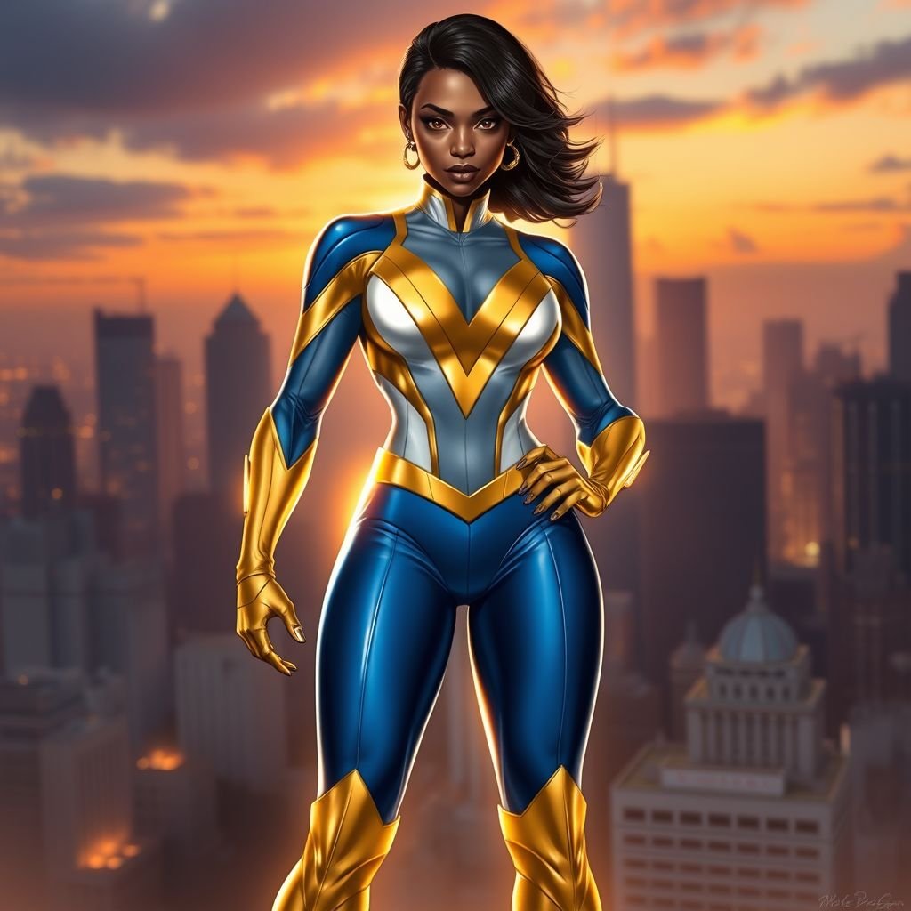African American female superhero with neck length hair in a side part style wearing a gold white and blue suit with blue pants and gold boots with a stylized V as her chest emblem standing in a city at dawn