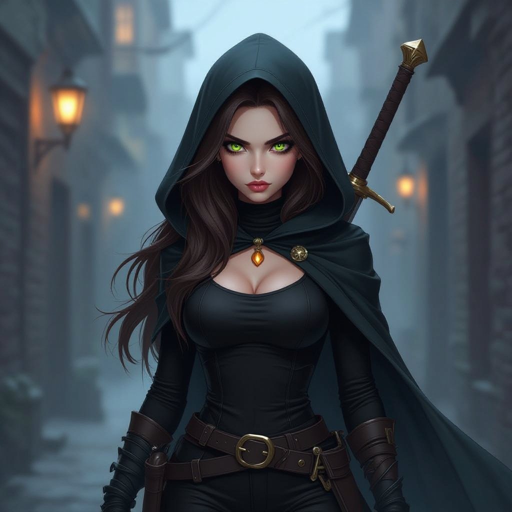 Kobieta o długich, brązowych włosach i jasno zielonych oczach.Ma pyzatą i okragłą twarz. Blada cera. Delikatna uroda. Ubrana jest w czarne spodnie i czarny golf. Ma pas przy którym ma sztylet. Na plecach ma długi miecz. W dłoni trzyma krótki miecz. Ma na sobie czarną peleryne i ogromny kaptur na głowie. Na szyi ma naszyjnik z błyszczącym bursztynem. Kobieta wygląda na groźną. Ciemna uliczka, mroczna atmosfera. Pojedyńcze światła. Mgła. Mrocznie. 
Zasłonięty biust. Ciemno. Mgła. Czerń.

