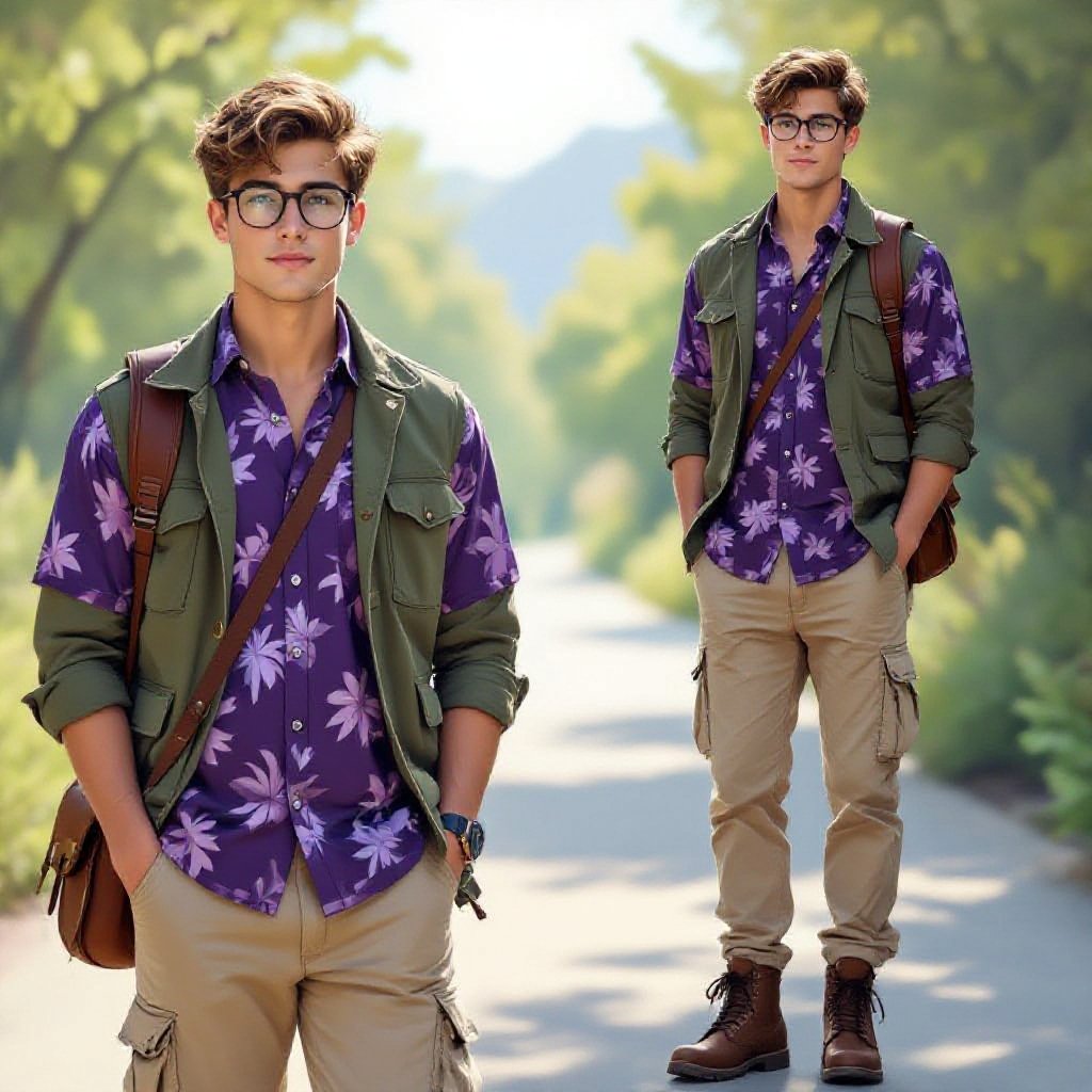 A 19 Year Old man in a Purple Hawaiian Button Up and Beige Cargo Pants. Short Light Brown Hair Glasses and Army Green Jacket and Brown Hiking Boots and a Brown Leather Saddleback, Standing in a Outdoor Walking Path
