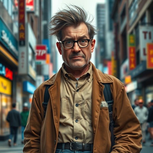 Create a funny looking serious man in the world, with a not so stylish outfit head to toe