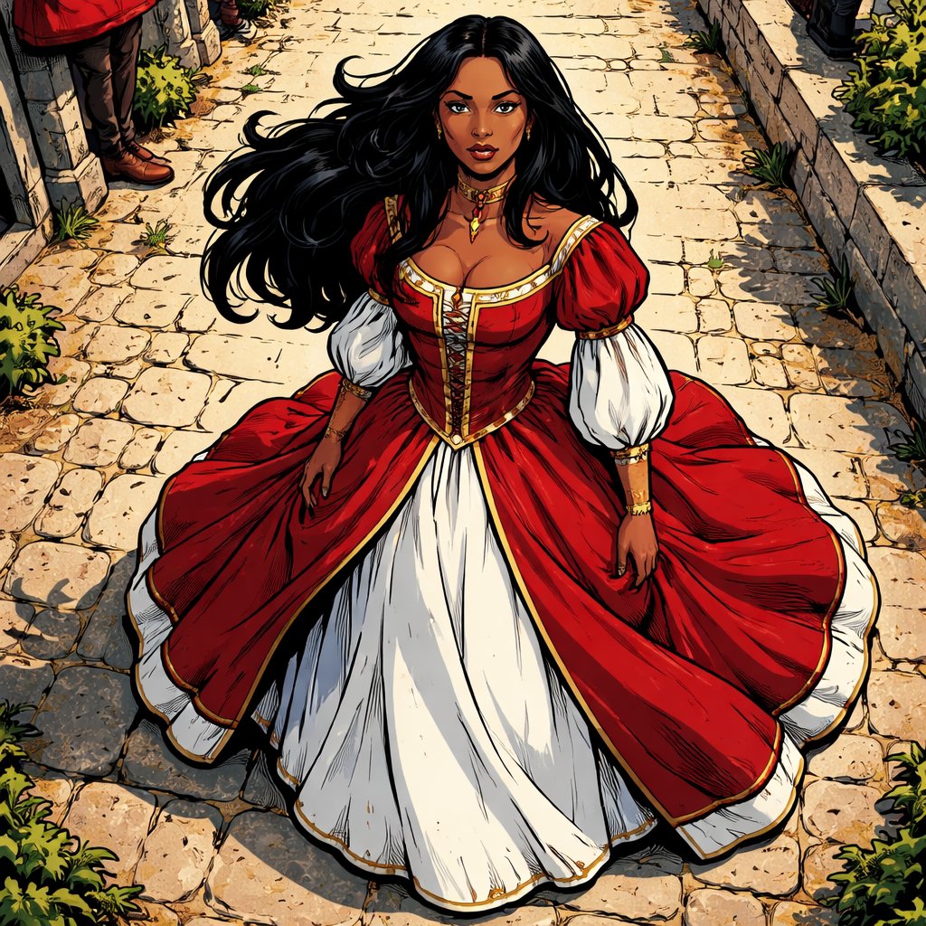 No speech bubbles high front drone view, tall woman, black, long hair, wearing a red and white renaissance gown she looks ahead