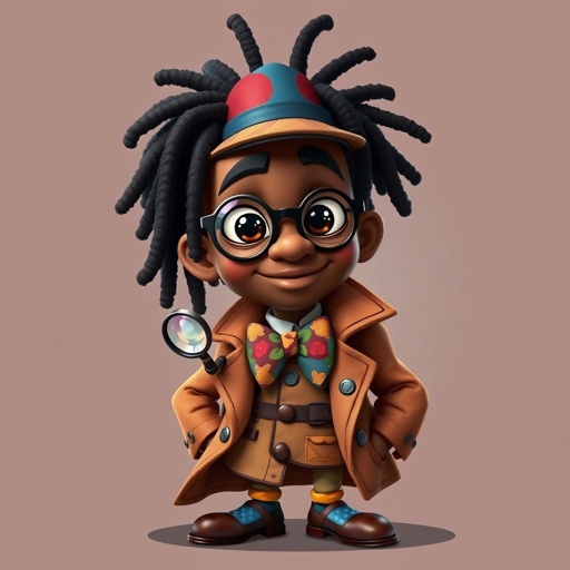 Create a funny character similar to Sherlock Holmes, but make him of black decent and with dread locks. Show his whole outfit including his shoes.