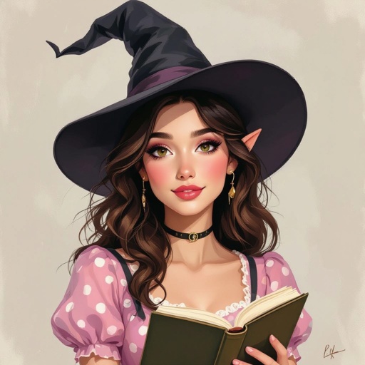 Dark Brown Hair Elf Witch Librarian in Witches Hat. Tight Strapless pink polka mini dress