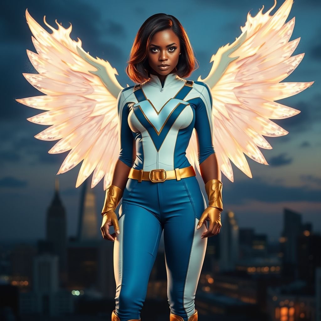 African American female superhero with shoulder length hair in a side part style and wings made of white fire  wearing a slightly homemade  white blue and gold suit with blue pants with a stylized V as her chest emblem wearing gold flat boots made of gold standing in Philadelphia at dusk