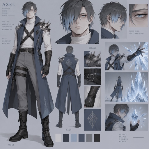 Male, pale, pale blue eyes, eye bags, short dark grey choppy hair with light blue tips hair covering one eye, white turtle neck long sleeves, blue sleeveless short trench coat, long fingerless gloves, grey pants, belts across chest, spiked on shoulders, 35, clean shaven, no emotion, ice powers, cartoon style