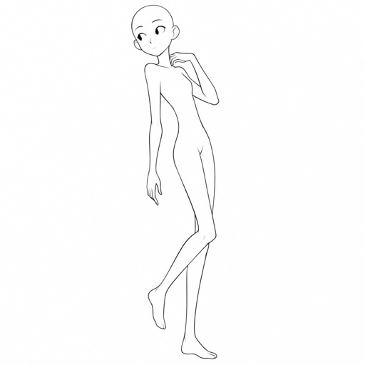 Base pose drawing, cartoon style, bald, random pose, no color, thin pointy body