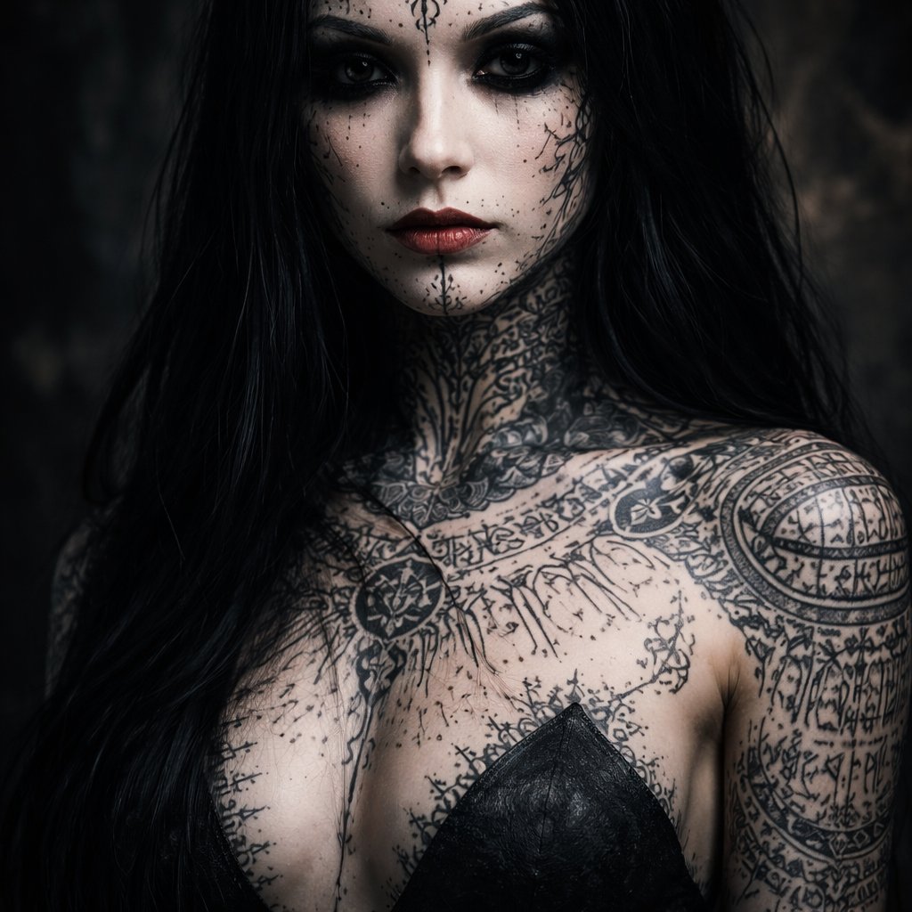A black haired woman with pale skin, runic tattoos all over her body and face and black pupiless eyes