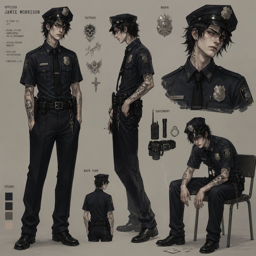 Male, pale, thin body, cheek bones, neck length messy spiky black hair, police uniform ,police hat, arm tattoos, annoyed expression, multiple of the same character
