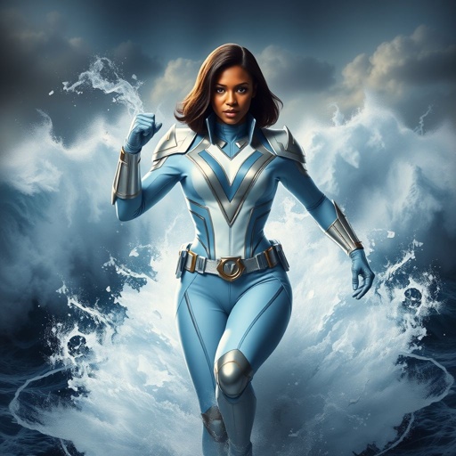 African American female superhero with hair in a shoulder length side part hairstyle with pure Gold eyes wearing a leather slightly armored light blue white and silver suit with light blue pants and silver boots and a V as her chest emblem controlling a storm in the Pacific Ocean