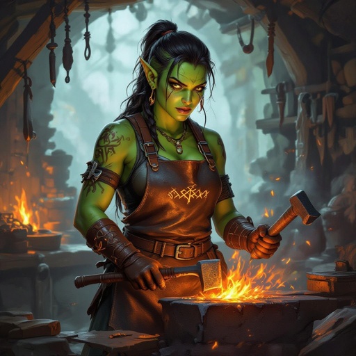 A female half orc blacksmith wearing a leather apron