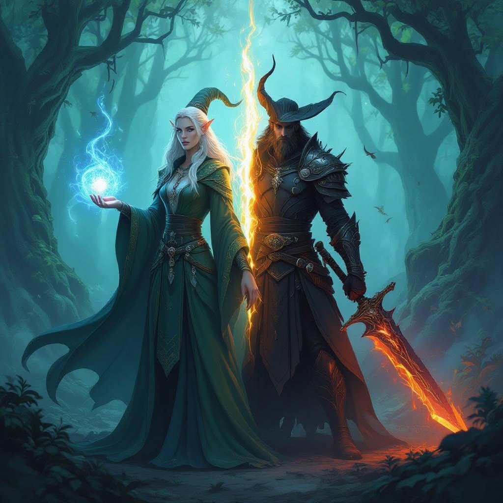Two sides of the same High-Elf Wizard with split personality with one that’s cautious and uses intellect while being afraid of his other half Alastor who wants to be free spirited and not care what to do with a dark and evil sword