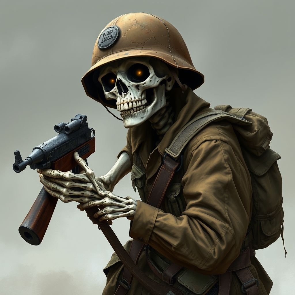 A American skeleton in world war2 with a rifle
