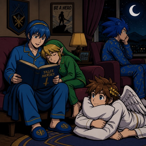 Super smash brothers young link from legend of Zelda, pit from kid Icarus, Marth from fire emblem,sonic the hedgehog as a human It’s night time all are in the living room marth is reading a bed time story to the rest, young link is falling asleep leaning on Marth,pit is on the floor hugging a pillow looking at marth intrigued by the story Sonic is on a chair with his one leg over the other listening and staring out the window all are wearing pjs