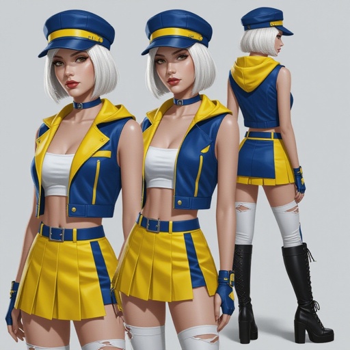A stylish young woman with platinum blonde bob-cut hair, wearing a sleek indigo and yellow outfit inspired by futuristic street fashion. She wears a fitted indigo cap with a bold yellow band, a sleeveless indigo and yellow hooded vest left open to reveal a low-cut white tube top. Her yellow pleated mini skirt has indigo accents and a matching belt. She also wears white torn thigh-high leggings and tall black lace-up combat heel boots. The lighting is studio-bright with a clean background, emphasizing her confident pose and the sharp contrast of the outfit colors.