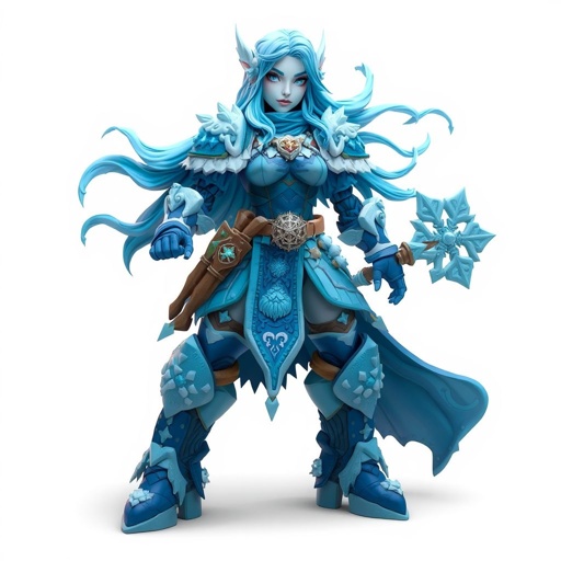 Create a battle woman hero called Alvara the Frostheart. Show full body head to toe including shoes