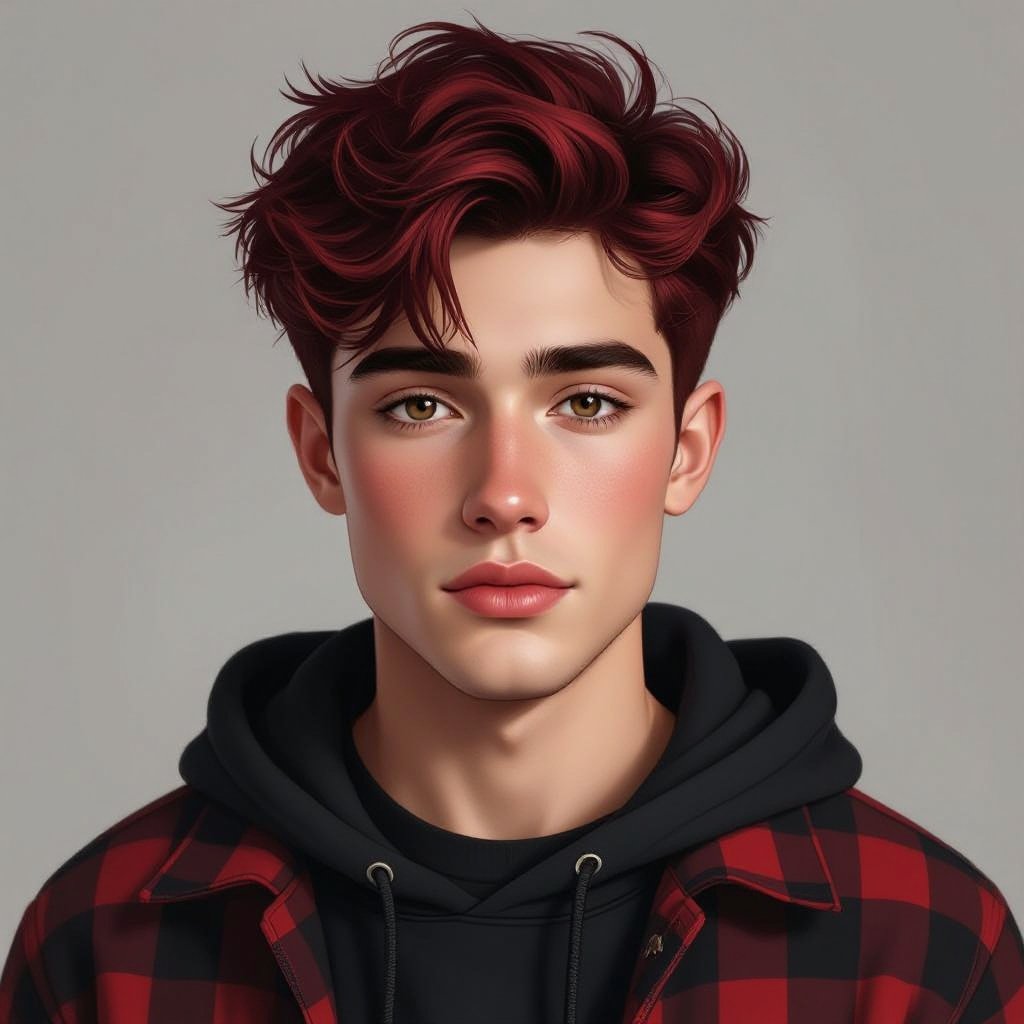 Male 18-year old dyed dark red hair dark grayish and red and black clothes  slightly chubby cheeks