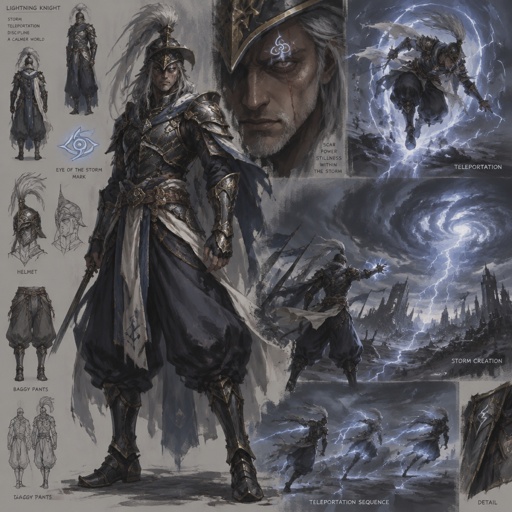 lightning knight, plume helmet, grey hair, eye of the storm mark, baggy pants, scar eye, teleportation ability, storm creation