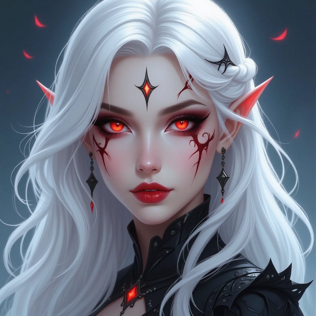 She has black around her eyes.Blood red eyes with scars around them. With platinum blonde hair