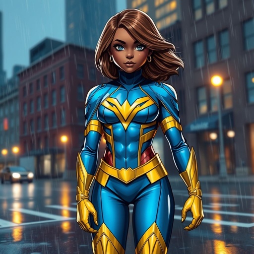 A teenage African American female superhero with shoulder length brown hair with light brown highlights in a side part style wearing a blue gold and silver suit with blue pants and gold boots with a utility belt and a stylized V as her chest symbol standing in Philadelphia while it rains