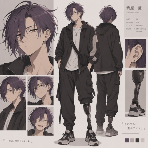 Male,Asian,purple hair a bit messy sticking up a bit on the top right side has more hair part of right side is drooping over covering his ear and a little bit of his face a little bit of his hair is in the middle of his forehead the left side of his hair sticks up a little more neck length,has ear piercing,brown yellowish eyes,has a prosthetic leg on the left side 