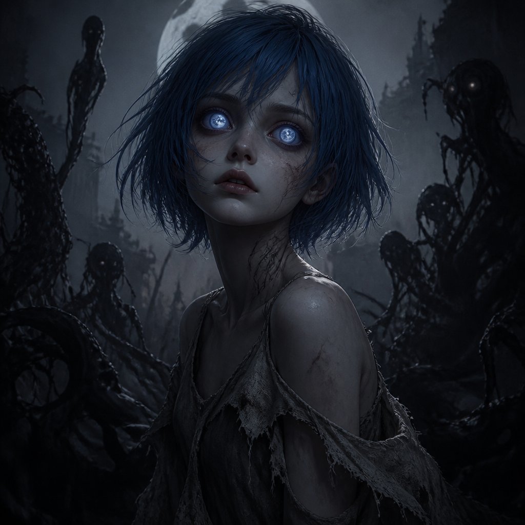 girl short blue hair moon eyes