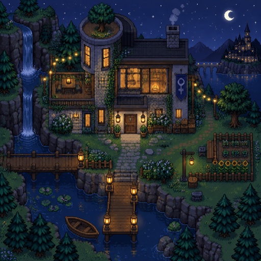 house, unique, starry, fairy lights, for a modern fantasy game, exterior, top down style, shading and highlights