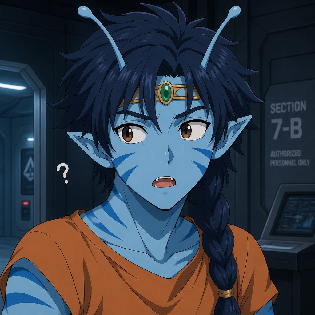 Alien prince with light blue skin and a slightly darker blue stripes, brown eyes really dark blue hair messy and in a braid two antennae and sharp teeth small golden band around head with a green stone in the middle wearing an orange shirt, currently in a secret facility he is curious and confused