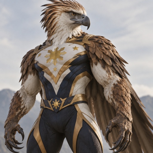 He is a Philippine eagle turned into a man superhero, he had the look of a Philippine eagle, feathers, his hands are razor sharp eagle claws, 
