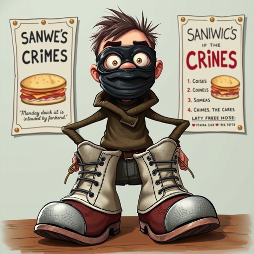 Create a funny looking clumsy thief with funny shoes on. Make him have on the bandit black thing around his eyes. And wanted for stealing sandwiches 