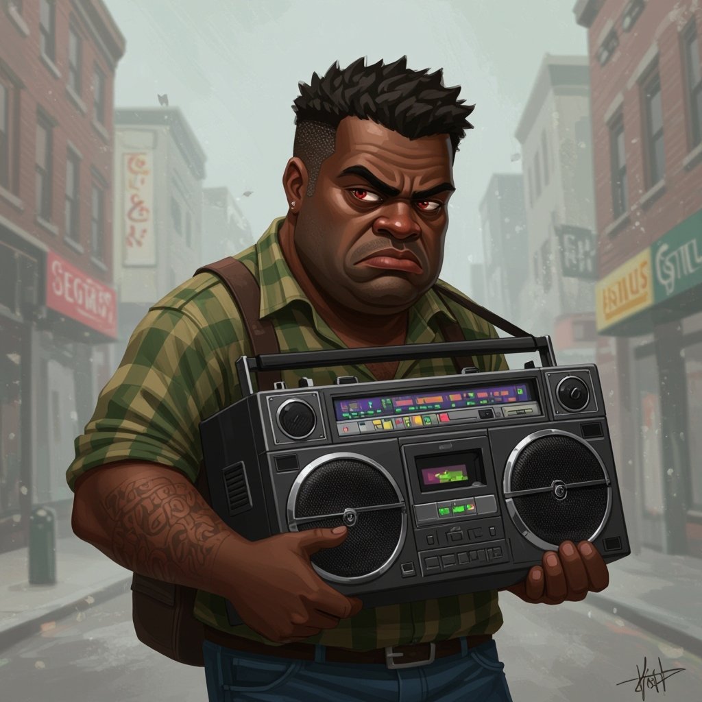 Create a kinda dark skin funny looking fat guy who isnt friendly from New York  has a boom box radio and is a stoner 