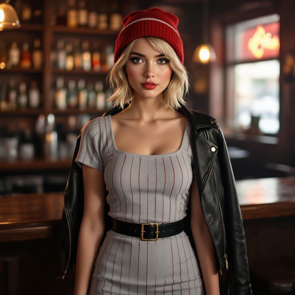 A semi-realistic, cinematic portrait of a young woman standing in a softly lit bar. She has a short blonde bob and expressive eyes beneath a red beanie with a thin horizontal white stripe. Her outfit features a light gray mini-dress patterned with thin vertical red and white stripes, cinched at the waist with a black belt and gold buckle. A black leather jacket hangs loosely off her shoulders, and she wears tall black boots. The warm bar lighting casts soft amber tones over wooden shelves lined with bottles, creating a cozy yet confident nighttime atmosphere that highlights her stylish poise.