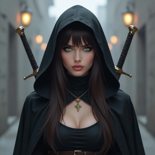
A woman with long brown hair and light green eyes. She has bangs that cover one eye, an emo-style fringe that covers the entire eye. She has a chubby, round face. Pale skin. Delicate beauty. Thin lips. She is dressed in black pants and a black turtleneck. She wears a belt with a dagger. A long sword hangs on her back. In her hand, she holds a short sword. She wears a black cape and a large hood over her head. Around her neck, she wears a necklace with a shimmering amber. The woman looks menacing. A dark alley, a dark atmosphere. A few lights. Fog. Dark.

Breasts covered. Dark. Fog. Black.