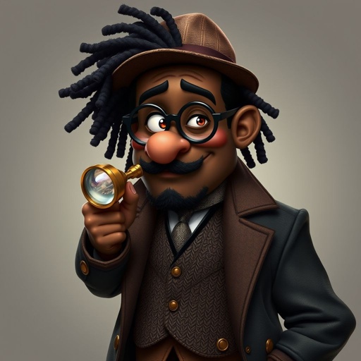 Create a funny serious fat character similar to Sherlock Holmes, but make him of black decent and with dread locks. Show his whole outfit including his shoes.