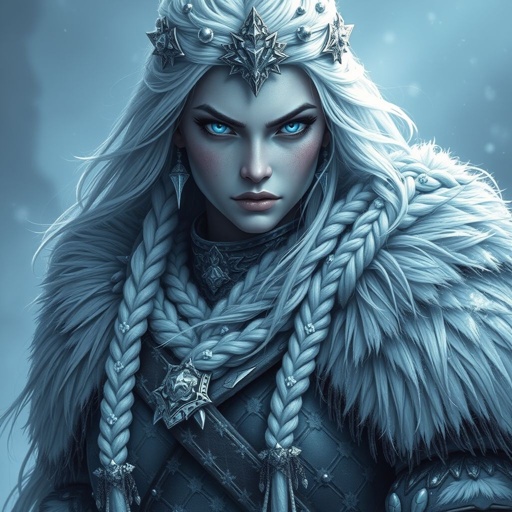 Create a character head to toe showing the whole character, meaning legs feet body face everything: A tall, battle-hardened woman with pale, icy-blue skin. Her long silver hair flows in braids tipped with frozen beads. She wears heavy, fur-lined armor made from the hides of snow beasts. Her eyes glow faint blue. A frost-shaped crown rests lightly on her head.