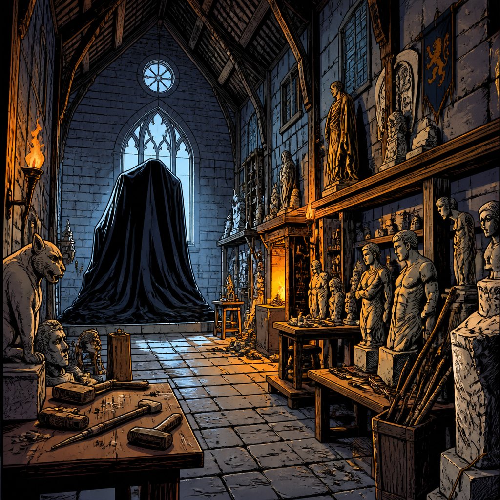 The gloomy interior of a mediaeval sculptures studio at one end there’s a huge shape covered by a black cloth no people no caricature no speech bubbles longshot of a large studio