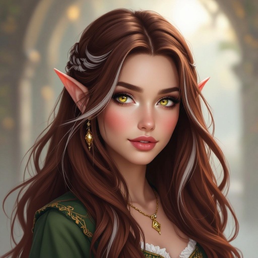 Female elf that has mahogany hair with white stripes throughout and gold eyes 