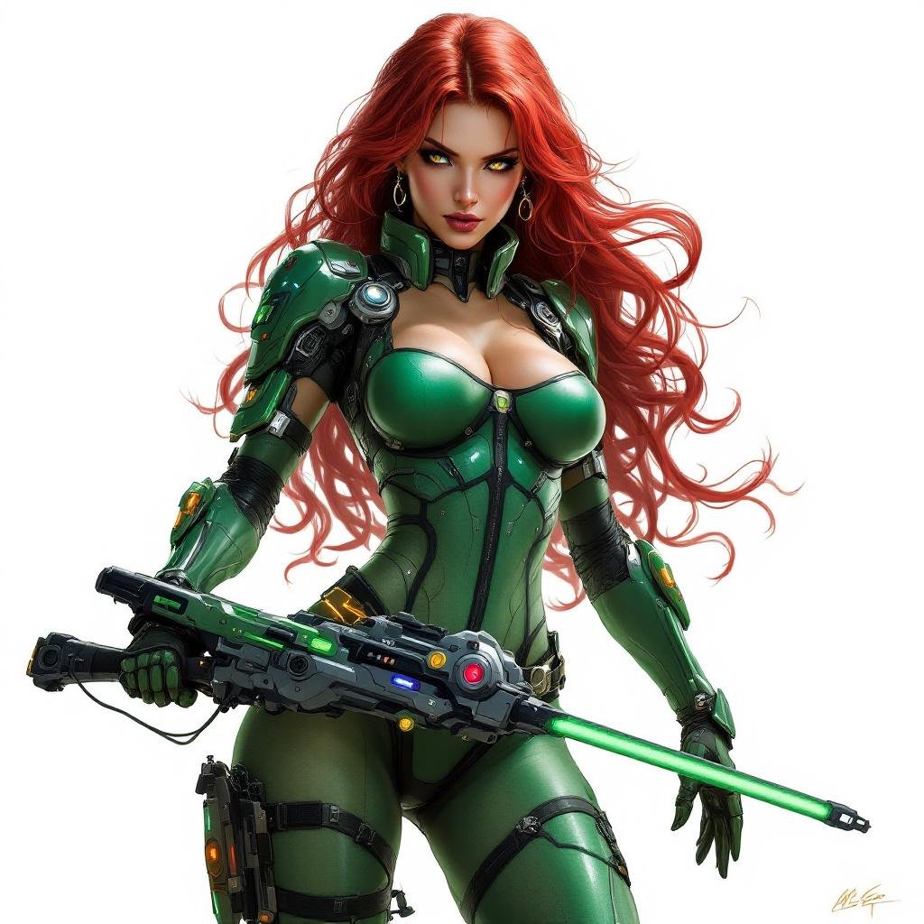 Full Body Mass Effect Babe wielding an Omni tool synthweave and Organza green spy suit red head