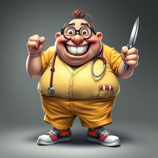 create a fat doctor. Who is funny human looking from head to toe. And he always immediately results to surgery for anything even small things. So please be sure to show his whole outfit head to toe. Make him have funny teeth